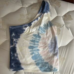 American Eagle Outfitters Blue and White Tie-Dye One Shoulder Top